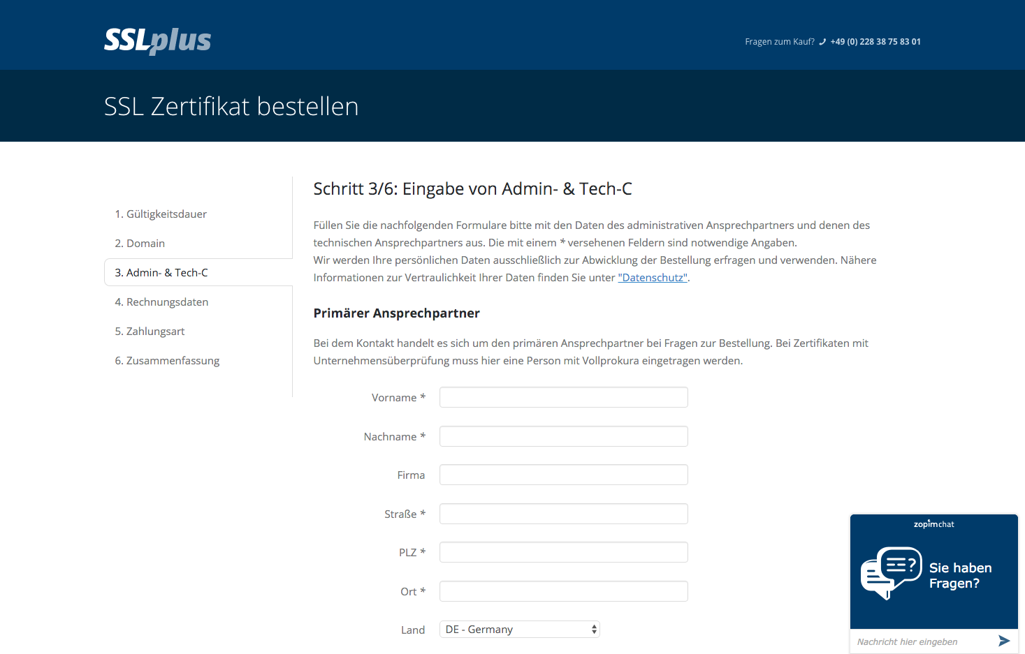 Bestellen bei SSLplus im Detail. Klicken Sie auf das Bild für eine Ansicht des zweiten Bestellschritts