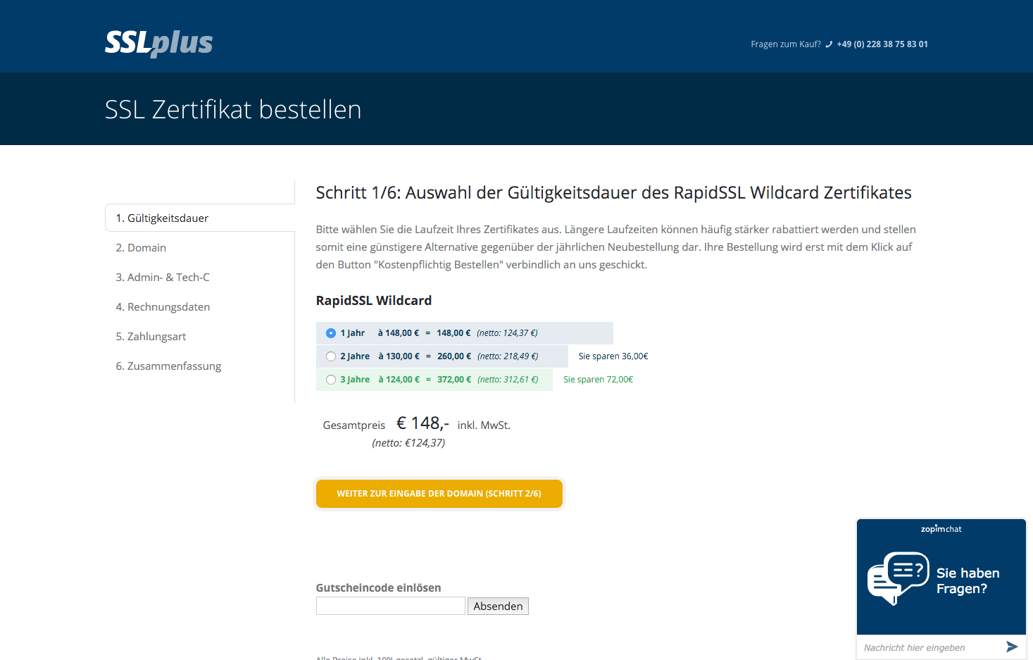 Bestellen bei SSLplus im Detail. Klicken Sie auf das Bild für eine Ansicht des ersten Bestellschritts